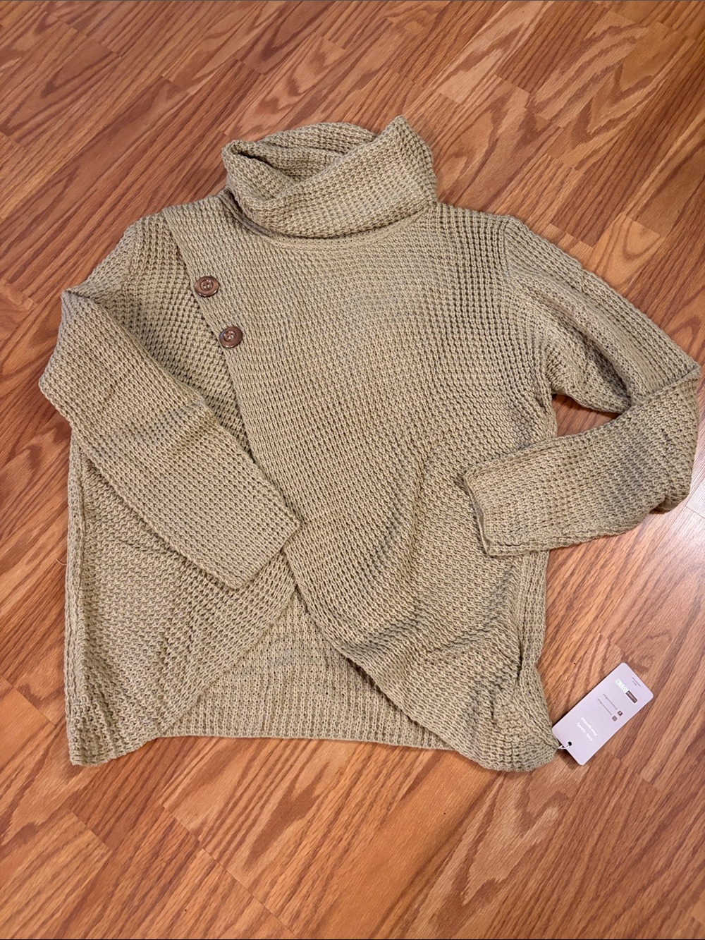 Button-Accent Olive Turtleneck Sweater